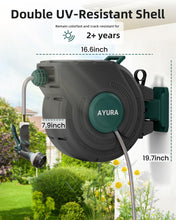Load image into Gallery viewer, AYURA Retractable Garden Hose Reel 100 ft x 1/2 inch with Pro Metal Shaft, Heavy Duty Automatic Garden Hose Reels with Kink-Free Rewind and Lock at Any Length, Wall Mount Water Hose Reel for Outside
