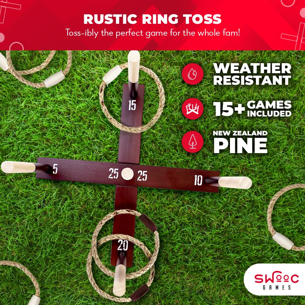 Load image into Gallery viewer, SWOOC Games - Rustic Ring Toss Game (All Weather) - Easy Setup & Extra Games Included - Outdoor Ring Toss Game for Adults and Kids - Yard Activity For Adults - Oversized Lawn Activity - Rope Throw Set