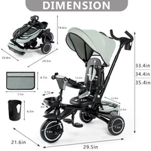 Load image into Gallery viewer, Kinder King Kids Tricycle, 8 in 1 Folding Toddler Trike w/Adjustable Push Handle, Rotatable Seat, Adjustable Canopy, Bell, Five-Point Harness, Storage, Toddler Bike for Age 1-5, Green

