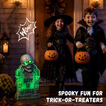 Load image into Gallery viewer, Halloween Decoration Animatronic Tombstone with Skull &amp; Pillars, Sound Activated Grave Marker with Green Light-Up &amp; Creepy Sound Effects, RIP Cemetery Prop for Haunted House, Yard, Lawn &amp; Porch Decor
