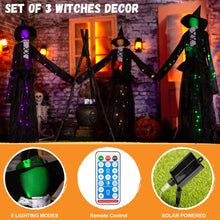 Load image into Gallery viewer, Halloween 65inch Light Up Witch Decoration Set of 3 Outdoor Graveyard Atmosphere Prop with Metal Base, Water-Proof Solar Powered Control Box &amp; Remote LED Witches for Yard Haunted House Horror Decor
