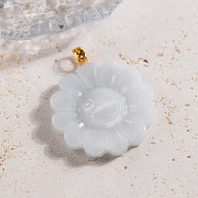 Load image into Gallery viewer, ALOHAPLUS 18K Solid Yellow Gold Natural Grade A Jadeite Smiling Flower Murakami Motif, Genuine Jade Pendant Necklace, Handcarved Jadeite, with Gift Box (White Jade Flower)
