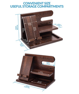 TESLYAR Wood Phone Docking Station for Men - Desk or Nightstand Organizer - Birthday Gifts for Husband or Dad - Anniversary Idea from Wife - Key Holder, Stand Wallet, Watch & Essentials (Brown)