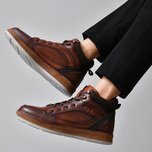 Load image into Gallery viewer, Men's Brown Leather Sneaker Boots Casual Oxford Boot Comfy Shoes for Men Mid-Top Lace Up Fashion Shoe 11
