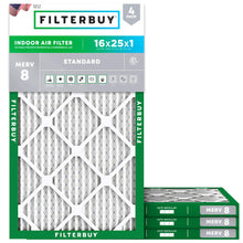 Load image into Gallery viewer, Filterbuy 16x25x1 Air Filter MERV 8 Essential Dust &amp; Allergy Defense (4-Pack), Electrostatic Pleated HVAC AC Furnace Filters Replacement (Actual Size: 15.50 x 24.50 x 0.75)
