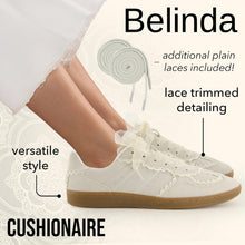 Load image into Gallery viewer, CUSHIONAIRE Belinda Women’s Lace Detail Casual Sneakers – Elegant Ribbon Lace-Up Shoes with Memory Foam, Ivory Vegan Suede 7

