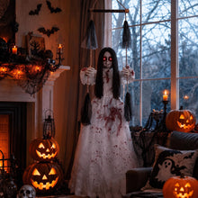 Load image into Gallery viewer, MACLLYN Halloween Decorations Outdoor，Scary Hanging Swinging Girl Props Sound &amp; Lighted Eyes，Halloween Outside Ghosts for Haunted House Yard Porch, Party Decor
