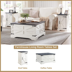 JXQTLINGMU Farmhouse Coffee Table, Square Wood Center Table with Large Hidden Storage Compartment for Living Room, Rustic Cocktail Table with Hinged Lift Top for Home, White