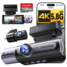 Load image into Gallery viewer, 4K Dash Cam Front and Rear, Full HD 3 Channel Dashcam, Free 128GB Memory Card, Built-in 5.8GHz WiFi Built-in GPS, Collision Sensor, Night Vision, 3.16" IPS, 24H Parking Mode（Black）
