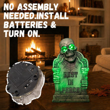 Load image into Gallery viewer, Halloween Decoration Animatronic Tombstone with Skull &amp; Pillars, Sound Activated Grave Marker with Green Light-Up &amp; Creepy Sound Effects, RIP Cemetery Prop for Haunted House, Yard, Lawn &amp; Porch Decor
