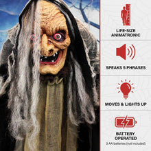 Load image into Gallery viewer, Haunted Hill Farm Life-Size Scary Poseable Talking Witch, Halloween Animatronic with Touch Activated Lights and Sound, Battery Operated Indoor or Covered Outdoor Halloween Decorations, Halloween Prop

