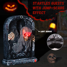 Load image into Gallery viewer, Halloween Animatronic Tombstone with Moving Skeleton - Sensor Activated Animated Scary Prop with Creepy Sound &amp; Light-Up Eyes for Haunted House, Yard,Halloween Party Decor
