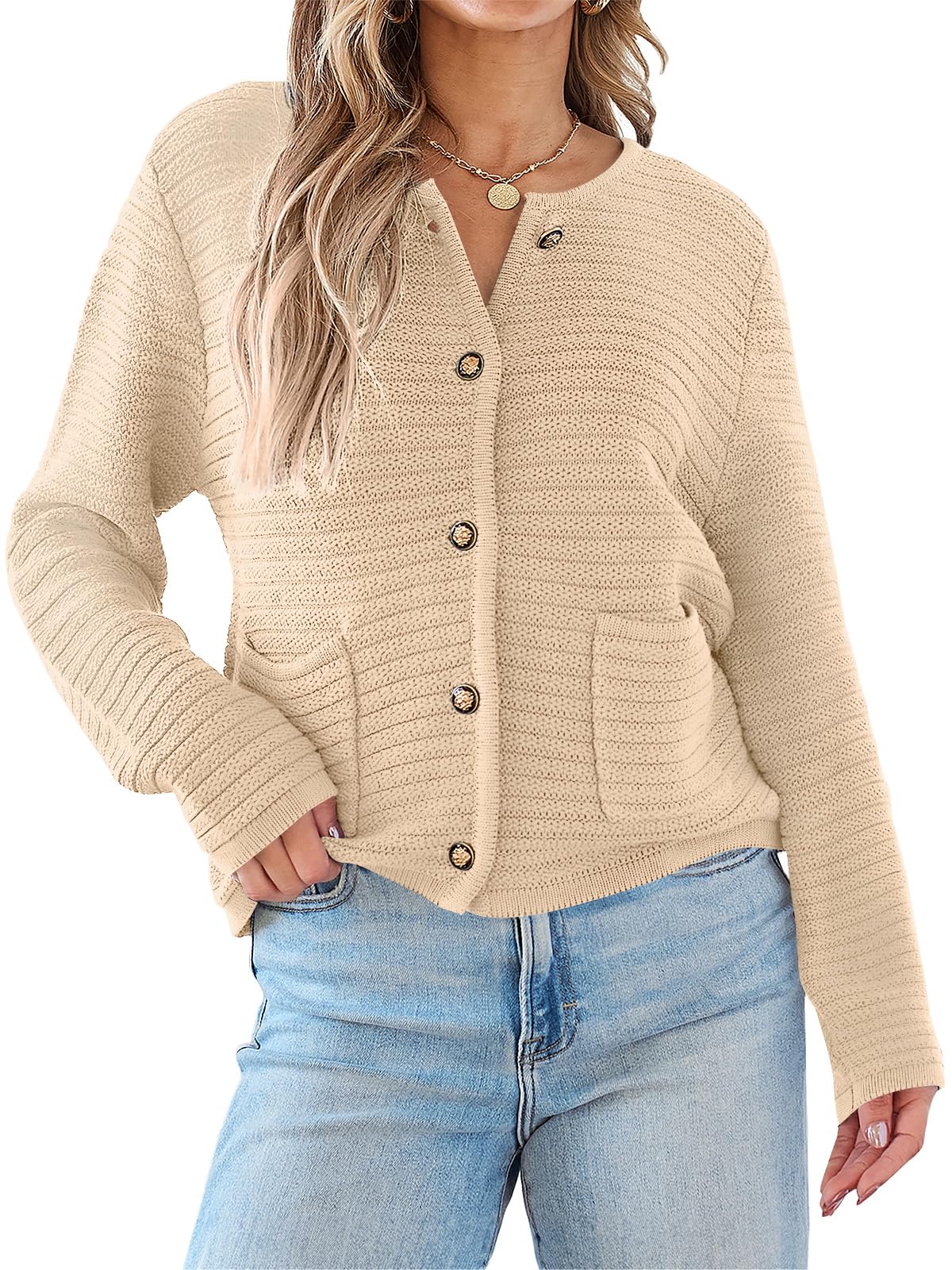 Load image into Gallery viewer, LILLUSORY Cardigan for Women Cropped Cardigan Sweaters Trendy 2024 with Pockets Lightweight Open Front Button Knit Cardigan Apricot