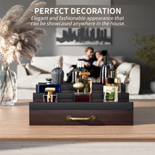 Load image into Gallery viewer, YIKIBOX Cologne Organizer for Men,Wooden Perfume Organizer with Hidden Compartment and Drawer,Cologne Stand Organizer and Storage Display Risers for Dresser,Great Gift for Men/Friend(DarkBrown)
