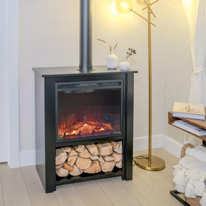 Innsbruck Electric LED Fireplace Stove - Décor Chimney Flue and Wood - 32" Wide x 38" Tall – Soot Black Finish - New 2024