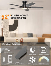 Load image into Gallery viewer, Ohniyou Ceiling Fans with Lights, 52'' Low Profile Ceiling Fan with Light and Remote/APP Control, Modern Flush Mount Ceiling Fan for Indoor Bedroom Living Room, Dimmable, Quiet DC Motor, Black
