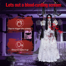 Load image into Gallery viewer, MACLLYN Halloween Decorations Outdoor，Scary Hanging Swinging Girl Props Sound &amp; Lighted Eyes，Halloween Outside Ghosts for Haunted House Yard Porch, Party Decor
