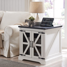 Load image into Gallery viewer, JXQTLINGMU Farmhouse End Table, 24" Large Sofa Side Table with Charging Station, Mesh Barn Door, and Adjustable Storage Shelf, Rustic Wood Square Nightstand for Living Room, Bedroom, Office, White
