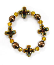 Load image into Gallery viewer, Linpeng Women Porcelain Cross Pearl &amp; Crystal Beads Stretch Bracelet, Gloden Brown
