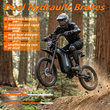 Load image into Gallery viewer, HAPPYRUN G18pro Electric Dirt Bike for Adults – 4500W Peak Motor, 60V 35Ah Battery, 38 mph Top Speed, 75 Mile Range, 5-Level Speed Control, Full Suspension, Hydraulic Brakes, 19″/17″ Off-Road Tires
