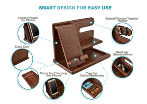 TESLYAR Wood Phone Docking Station for Men - Desk or Nightstand Organizer - Birthday Gifts for Husband or Dad - Anniversary Idea from Wife - Key Holder, Stand Wallet, Watch & Essentials (Brown)