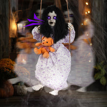 Load image into Gallery viewer, Hourleey Halloween Decorations Outdoor, Hanging Swinging Girl Doll Sound Activated with Lighted Eyes Creepy Sound, Animatronics Halloween Decor for Indoor Trees Party Garden Haunted House Prop
