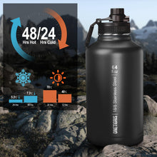 Load image into Gallery viewer, OneTigris Tactical Half Gallon Water Bottle with Straw - 64 oz Vacuum Insulated Stainless Steel Water Jug, Leakproof Sport Bottle with 3 BPA Free Lids, Paracord Handle &amp; MOLLE Water Pouch for Outdoor
