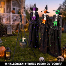 Load image into Gallery viewer, Halloween 65inch Light Up Witch Decoration Set of 3 Outdoor Graveyard Atmosphere Prop with Metal Base, Water-Proof Solar Powered Control Box &amp; Remote LED Witches for Yard Haunted House Horror Decor
