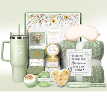 Load image into Gallery viewer, Birthday Gifts for Women Self Care Get Well Soon Gifts, Vanilla Relaxing Spa Gift Basket - Happy Birthday Set w/ Luxury Flannel Blanket &amp; 40 oz Tumbler, Unique Christmas Gift for Mom Her Wife Sister

