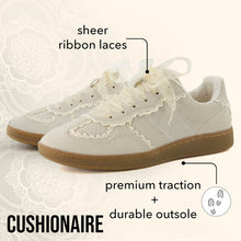 Load image into Gallery viewer, CUSHIONAIRE Belinda Women’s Lace Detail Casual Sneakers – Elegant Ribbon Lace-Up Shoes with Memory Foam, Ivory Vegan Suede 7
