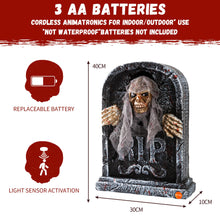 Load image into Gallery viewer, Halloween Animatronic Tombstone with Moving Skeleton - Sensor Activated Animated Scary Prop with Creepy Sound &amp; Light-Up Eyes for Haunted House, Yard,Halloween Party Decor
