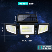 Load image into Gallery viewer, Tuffenough Solar Outdoor Lights 2500LM 210 LED Security Lights with Remote Control,3 Heads Motion Sensor Lights, IP65 Waterproof,270° Wide Angle Flood Wall Lights with 3 Modes(2 Packs)
