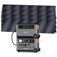 Load image into Gallery viewer, OSCAL 7200Wh Portable Power Station PowerMax 6000 with 4x500W Solar Panel, 120/240V Solar Generator, Max 6000W AC Outlets (9000W Peak), LiFePO4 Battery Power Station for Home, Camping, RV, Emergency
