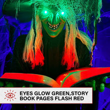 Load image into Gallery viewer, Haunted Hill Farm Life-Size Talking Witch Holding Spell Book, Halloween Animatronic with Touch Activated Lights and Sound, Poseable, Battery Operated Indoor or Covered Outdoor Halloween Decorations
