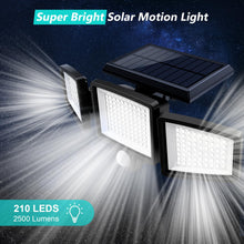 Load image into Gallery viewer, Tuffenough Solar Outdoor Lights 2500LM 210 LED Security Lights with Remote Control,3 Heads Motion Sensor Lights, IP65 Waterproof,270° Wide Angle Flood Wall Lights with 3 Modes(2 Packs)
