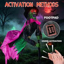 Load image into Gallery viewer, 10.5FT Sound Activated &amp; Footpad Start Flying Witch Halloween Animatronics, Large Outdoor Hovering Witch on Broom Decoration for Garden, Yard &amp; Lawn, Animated Flying Witches Halloween Decor
