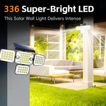 Load image into Gallery viewer, FAXBOX Solar Lights Outdoor 336 LED, Motion Sensor Security Wall Light with Remote, Split 4-Head Adjustable Design, 2400mAh Battery, Waterproof IP65 Garage, Driveway, Garden, Courtyard Lighting（2Pack
