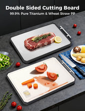 Load image into Gallery viewer, Titanium Cutting Board for Kitchen, Double Sided Non Toxic Titanium Cutting Board with JUICE GROOVE, Food-Grade Metal Chopping Board, Pure Titanium&amp;Wheat Straw PP, Dishwasher Safe16.3”×11”-1 PC
