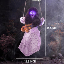 Load image into Gallery viewer, Hourleey Halloween Decorations Outdoor, Hanging Swinging Girl Doll Sound Activated with Lighted Eyes Creepy Sound, Animatronics Halloween Decor for Indoor Trees Party Garden Haunted House Prop
