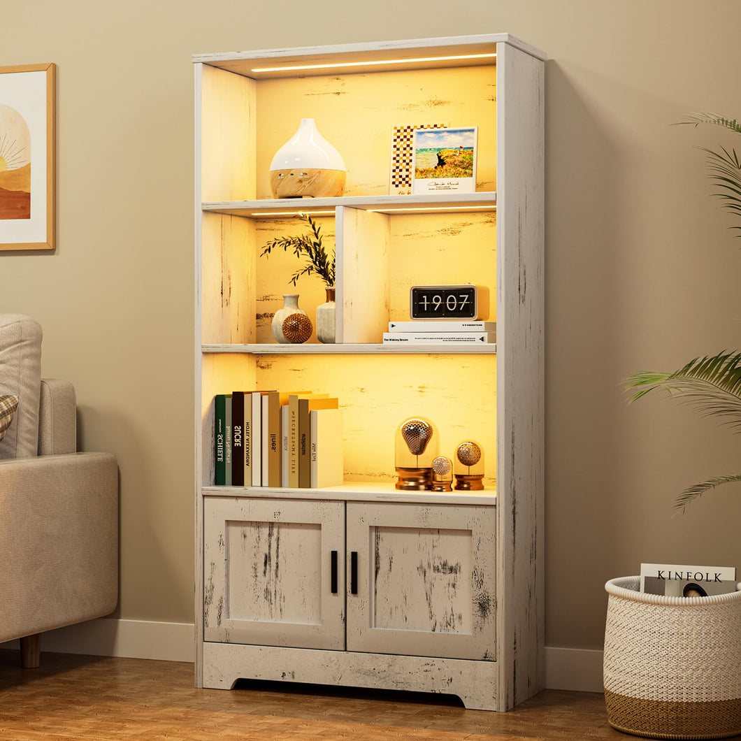 IDEALHOUSE Wood Bookcase with Doors White Bookshelf with LED Lights Modern Storage Rack 3 Shelf Standing Bookshelves Large Display Shelf Unique Book Shelf for Bedroom, Living Room, Home Office