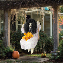 Load image into Gallery viewer, Hourleey Halloween Decorations Outdoor, Hanging Swinging Girl Doll Sound Activated with Lighted Eyes Creepy Sound, Animatronics Halloween Decor for Indoor Trees Party Garden Haunted House Prop
