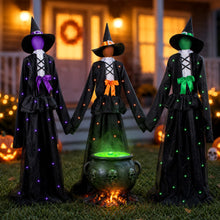Load image into Gallery viewer, Halloween 65inch Light Up Witch Decoration Set of 3 Outdoor Graveyard Atmosphere Prop with Metal Base, Water-Proof Solar Powered Control Box &amp; Remote LED Witches for Yard Haunted House Horror Decor
