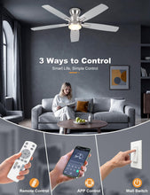 Load image into Gallery viewer, Ohniyou Ceiling Fans with Lights, 52'' Low Profile Ceiling Fan with Light and Remote/APP Control, Modern Flush Mount Ceiling Fan for Indoor Bedroom Living Room, Dimmable, Quiet DC Motor, Silver

