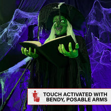 Load image into Gallery viewer, Haunted Hill Farm Life-Size Talking Witch Holding Spell Book, Halloween Animatronic with Touch Activated Lights and Sound, Poseable, Battery Operated Indoor or Covered Outdoor Halloween Decorations
