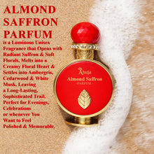 Load image into Gallery viewer, AHUJA Almond Saffron – 3.4 oz Parfum | Unisex Warm Floral Saffron Scent | 30% Long Lasting Oil | Saffron, Jasmine, Orange Blossom, Rose, Ambergris, Cedarwood | Luxury Orange Gift Box
