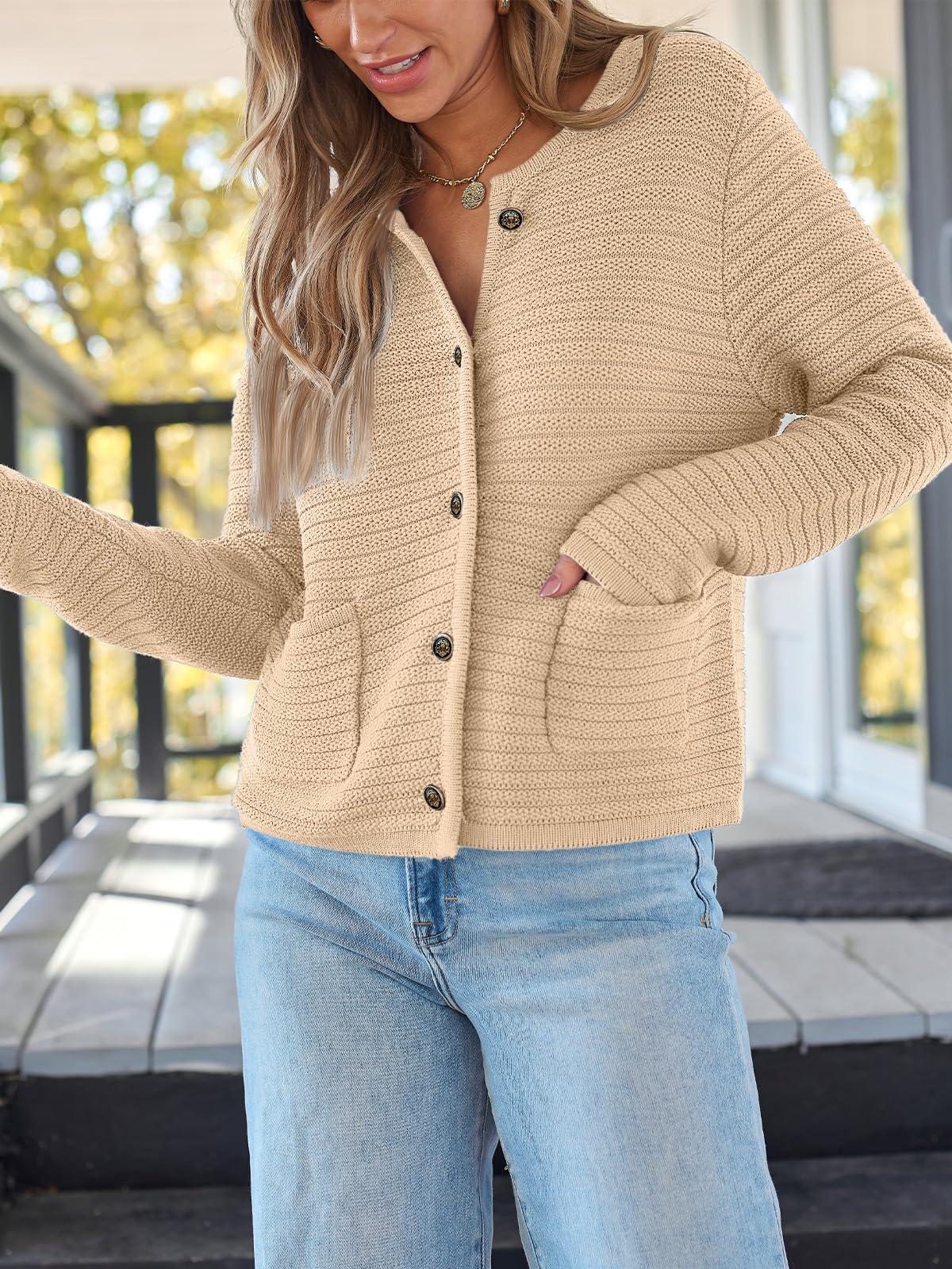 Load image into Gallery viewer, LILLUSORY Cardigan for Women Cropped Cardigan Sweaters Trendy 2024 with Pockets Lightweight Open Front Button Knit Cardigan Apricot
