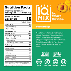 IQMIX Sugar Free Electrolytes Powder Packets - Hydration Supplement Drink Mix with Keto Electrolytes, Lions Mane, Magnesium L-Threonate, and Potassium Citrate - Peach Mango (20 Count)