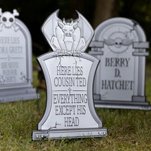 Load image into Gallery viewer, 3-D Metal Halloween Ghost XL 17" Tombstone w Stakes -BERRY D HATCHET- Durable, Rustproof, UV Raised Printing- Upgrade Your Haunted House Mansion w Cemetary Lawn Decor- No More Flimsy Foam Graveyards
