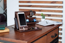Load image into Gallery viewer, TESLYAR Wood Phone Docking Station for Men - Desk or Nightstand Organizer - Birthday Gifts for Husband or Dad - Anniversary Idea from Wife - Key Holder, Stand Wallet, Watch &amp; Essentials (Brown)
