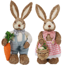 Load image into Gallery viewer, DR.DUDU Set of 2 Easter Decorations for Home- 14" Sisal Bunny Figurines with Carrot &amp; Egg, Spring Straw Bunny Couple Farmhouse Centerpieces for Tables, Easter Rabbits Decor
